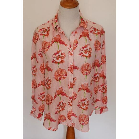 Charter Club 100% Linen Floral Blouse Women’s XL Pink‎ Button-Up Long Sleeve - Picture 1 of 7